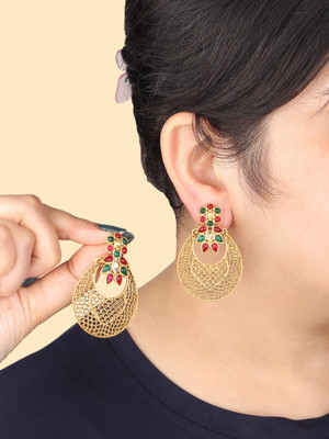 Arti creations Stylish Gold Plated Green Kundan Studded Drop Danglers Chandbali Earrings Cubic Zirconia Brass Drops & Danglers, Chandbali Earring