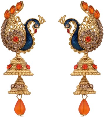 Angel In You Traditional Peacock Shape Orange Stone Studded 2 Floor Jhumka Earring_AIY Cubic Zirconia Brass Jhumki Earring