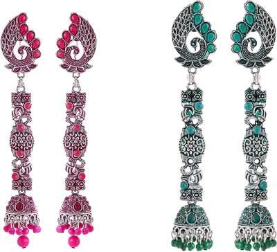 YELLOW CHIMES Meenakari 2 Pair Combo of Silver Plated Long Jhumka and Drop Earrings Beads Metal Jhumki Earring