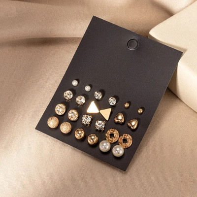 VIDALI Combo of 12 Pair Golden Heart Triangle Round Pearl Stud Earrings For Women/Girls Cubic Zirconia Alloy Stud Earring