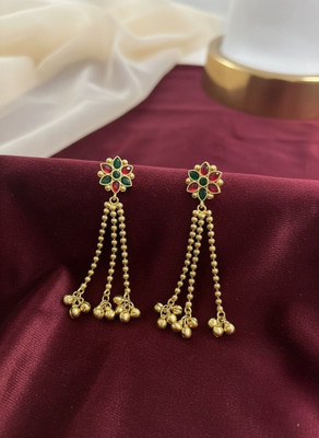 sharma Enterprises Royal Bloom Triple Chain Floral Beaded Drop Earrings for Women Cubic Zirconia Alloy Drops & Danglers