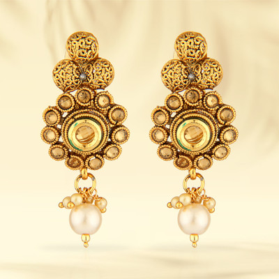 Golden Vine Antique Gold Oxidized Jhumka Earrings with Peach Pearls & Stones Metal Earring Set