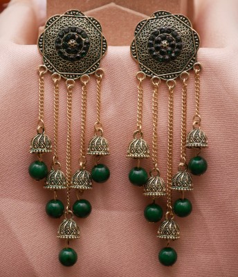 Kwickk Traditional Ethnic Bridal Green Color Oxidized Jhumka Jhumki for Women and Girls Alloy Drops & Danglers