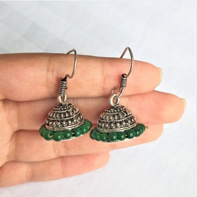 Rudraa Jewels Green Onyx Gemstone Oxidized Silver Plated Jhumka Jewelry Earring For Women Onyx German Silver Jhumki Earring