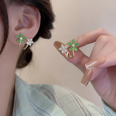 Aylana Green Flower Huggie Korean Stud Earrings Crystal Alloy Stud Earring