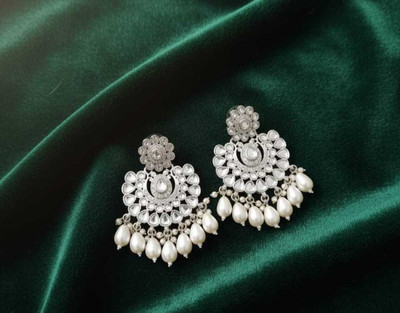 ABC Unique white silver Beaded Stone Jhumka for girls & women for party wear Cubic Zirconia, Beads, Pearl Alloy Drops & Danglers, Jhumki Earring, Plug Earring, Hoop Earring