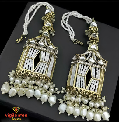 Vigilantee Jewels Temple Style Trending Kundan Gold plated Chandbali Wedding Pearl Beads Earrings Beads, Moonstone, White Zircon, Pearl, Quartz, Ruby Brass Chandbali Earring, Drops & Danglers, Earring Set, Rhinestone Studs, Tassel Earring