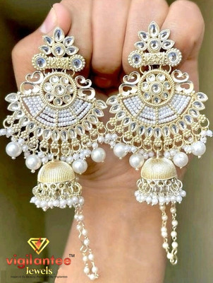 Vigilantee Jewels White Pearl Kundan Mirror Beads White Gold Plated Drop And Danglers Earrings Set Pearl, Beads Alloy Drops & Danglers, Chandbali Earring, Jhumki Earring, Earring Set