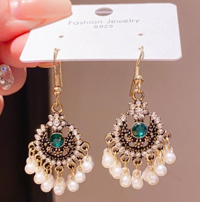 BLINGEE Pearls Ad Stone Traditional Earrings For Women Party Wear Earring Hook Earrings Pearl, Cubic Zirconia, Diamond, Emerald Alloy Earring Set, Drops & Danglers, Jhumki Earring