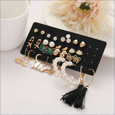 TVI Combo of 17 Pair Golden Butterfly Heart Stud/Tassel Pearl Hoop Earring For Women Cubic Zirconia Alloy Stud Earring