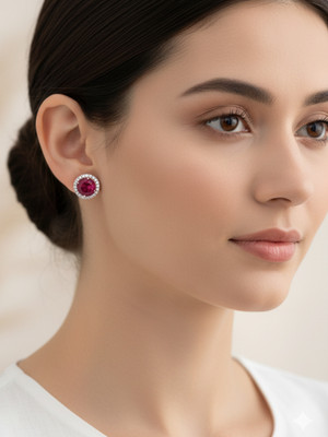 WISHTANK Wishtank Silver-Plated AD & Pink Stone Studded Stud Earrings Diamond Brass Stud Earring