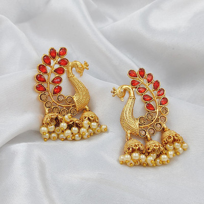Gift Nest Traditional Gold Pearl Peacock Kundan Jhumkas Diamond, Pearl Alloy Jhumki Earring