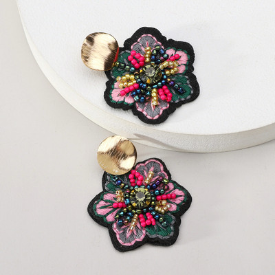 Dhrti Bling Handcrafted Beaded Flower Earrings, Pink and Green Embroidered Design Beads Alloy Stud Earring, Drops & Danglers, Earring Set