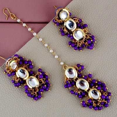 Lucky Jewellery Traditional Back Meena 18k Gold Plated uncut kundan Purple Tika Earring set Beads Alloy Drops & Danglers