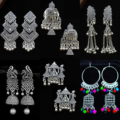 ANNORA INTERNATIONAL Pack of 6 Traditional Oxidised Silver Earrings Combo for Women & Girls Alloy Jhumki Earring, Drops & Danglers