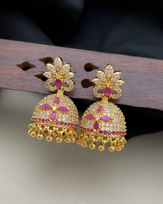 PBM CREATIONS GOLD PLATED AD STONE WEDDING JHUMKI / PEARL STUD / KUNDAN BEADS EARRING Copper Drops & Danglers, Jhumki Earring