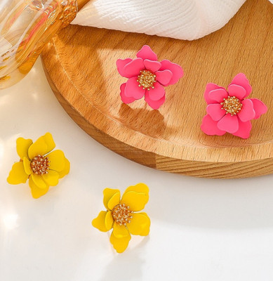 AKISON JEWELS Pink & Yellow Combo Flower Stud Earrings For Women Girls Korean earring Floral Alloy Earring Set, Stud Earring
