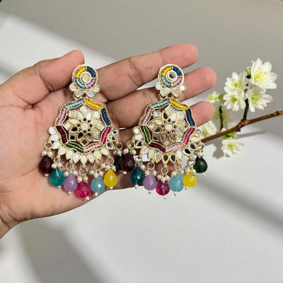 SAZOYA Multicolor beads mirror Chandbali Earrings with Bead Drops for Women Alloy, Metal Chandbali Earring, Drops & Danglers