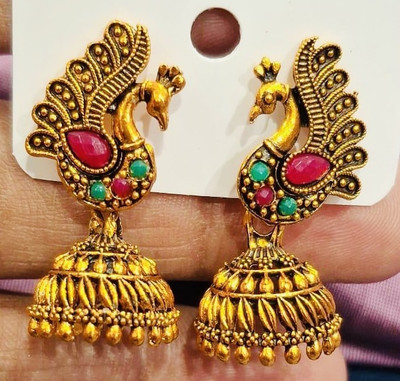 SAKETHAM Golden Radha Krishna Duet Alloy Jhumki Earring