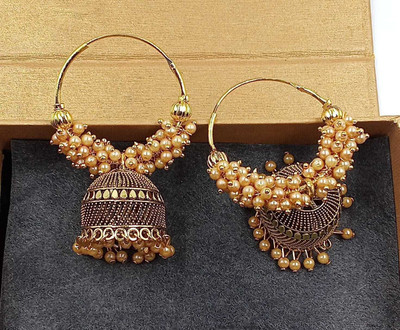 JMBW INTERNATIONAL Round Pearl Moti Hoop Baali Earrings Beads Alloy Hoop Earring