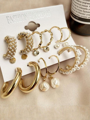 Dressberry Combo Of 9 Pair Gold Plated Stone Stud And Pearl Hoop Earrings Pearl Alloy Hoop Earring