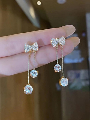 Vembley Korean Studded Bow Shiny Tassels Drop Earrings For Women/Girls Cubic Zirconia Alloy Drops & Danglers