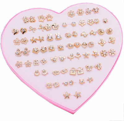 DIVINE Combo/Pack/Set of 36 Pair Colorful Mix Design Earring Stud Set with Heart Box for Women and Girls (1 Box) Crystal Alloy Earring Set