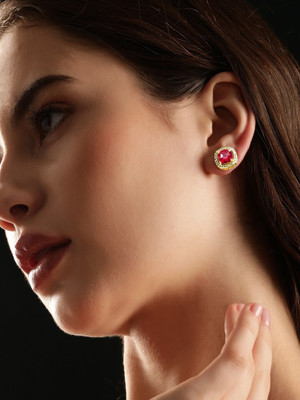 VAMA Stylish Gold Plated Ruby Pink Cubic Zirconia Stud Ear Cuff Piecing Bali Earring Cubic Zirconia Metal Stud Earring