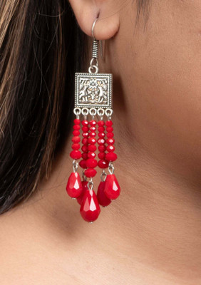 Look And Adorn Oxidised Silver Square Charm Earring With Red Drop Crystal Er477 Metal Hoop Earring