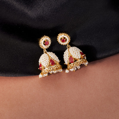 Opal Touch Pearl and Ruby Jhumka Earrings. Brass Jhumki Earring