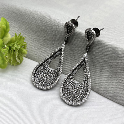 Diwam jewels Black Silver-Plated Brass Drop Earrings with Sparkling CZ Stones Cubic Zirconia Brass Drops & Danglers