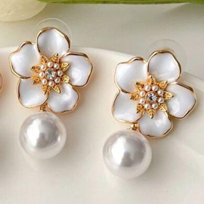 Sana creation Korean Earrings For Girls Floral Shape Drop Earrings Gold Plated Pearl Alloy Drops & Danglers