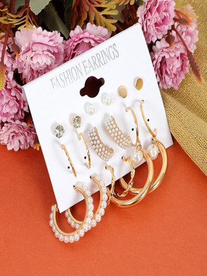 Dressberry 9 Pair Combos Crystal/ Pearl Gold Stud & Hoop Earrings Set Alloy Earring Set