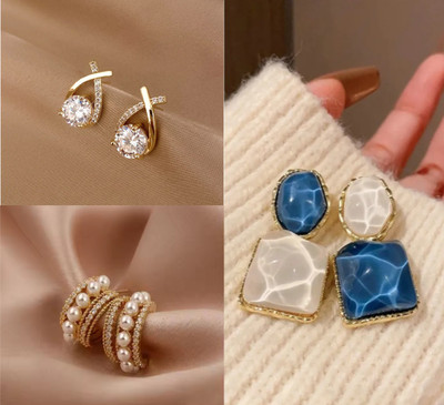 Saugaat Craft Western Party Wear Stylish Combo Pack Of 3 Korean Earrings For Women Girls Cubic Zirconia, Crystal, Pearl Alloy Drops & Danglers, Rhinestone Studs, Stud Earring, Earring Set
