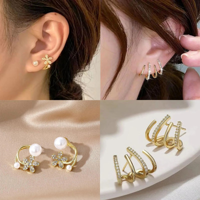 Kradhika Trendy Korean Earrings Combo Set of 2 White Pearl Earrings & Claw Earrings Diamond, Crystal, Pearl Alloy Stud Earring, Earring Set, Cuff Earring
