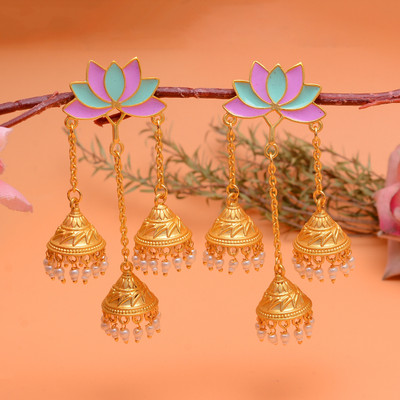 Tanusha Jewels Beautiful Lotus Jhumki Earrings For Girls & Womens Pearl Brass Jhumki Earring