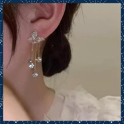 Nehdal Korean Studded Butterfly Tassels Drop Earrings For Women/Girls Cubic Zirconia Alloy Tassel Earring