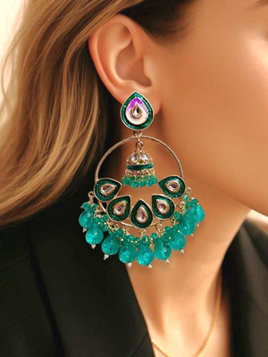 SHILPRI CREATIONS Peacock Design Chandbali- Rama Green Kudan work Crystal-Beads Festive Earrings Crystal, Beads Alloy Chandbali Earring