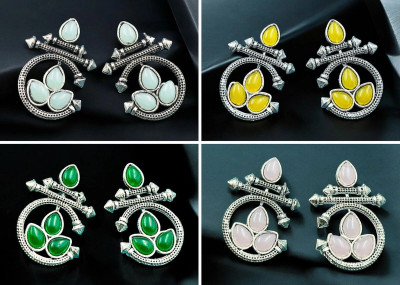 Vigilantee Jewels Combo of 4 Pair Oxidised Traditional Silver Combo Jhumki Earrings Set Alloy Beads, Moonstone, Pearl, Zircon Alloy Chandbali Earring, Drops & Danglers, Earring Set, Jhumki Earring