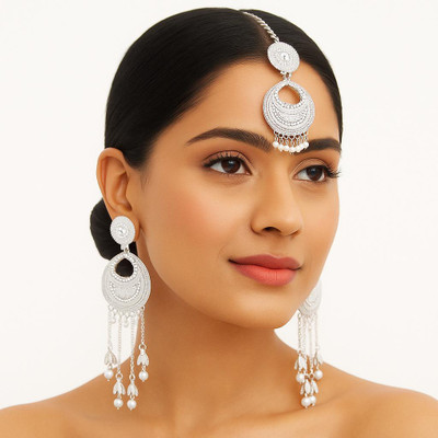 ABC Ethnic Silver-Tone Earrings & Maang Tikka Set Alloy Jhumki Earring