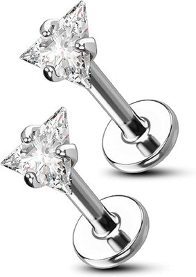 GadgetsDen Internally Threaded Labret Monroe Lip Ring Tragus Helix Silver Color Triangle Cubic Zirconia Stainless Steel Stud Earring