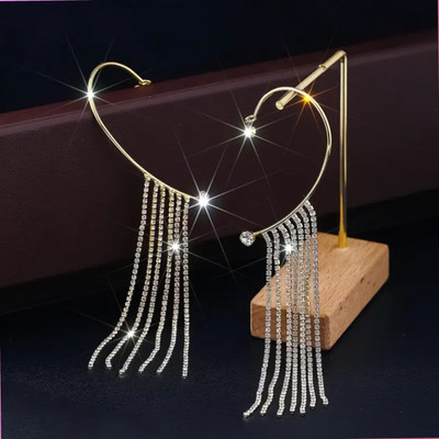 TVI Korean Silver Studded Chain Tassels Ear Cuff Earrings For Women/Girls Cubic Zirconia Alloy Cuff Earring