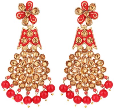 Jewels Capital Traditional Red & Gold-Toned Teardrop Shaped Drop Earrings_JC Cubic Zirconia Brass Drops & Danglers