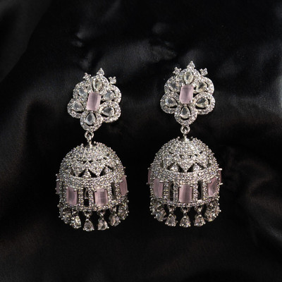 Jewellery Ze Traditonal Ethnic Studded Diamond Platted Big Oxxidize Jhumka Jhumki For Girl Crystal, Diamond Brass Jhumki Earring, Earring Set, Stud Earring