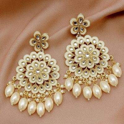 Fashiont Gold Plated White Kundan Pearl Dangle Jhumka Earrings | Bridal Wedding Partywear Alloy Chandbali Earring