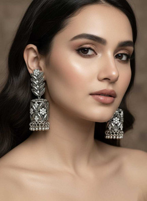 Harmi collection Elegant Silver-Tone Leaf & Jhumka Drop Earrings with Sparkling Stones Alloy Jhumki Earring