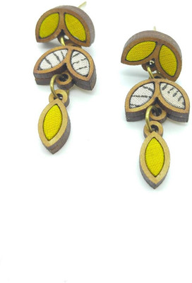 Whe Yellow White Bloom Upcycled Fabric and Repurposed Wood Leaf Dangler Wood Ear Thread