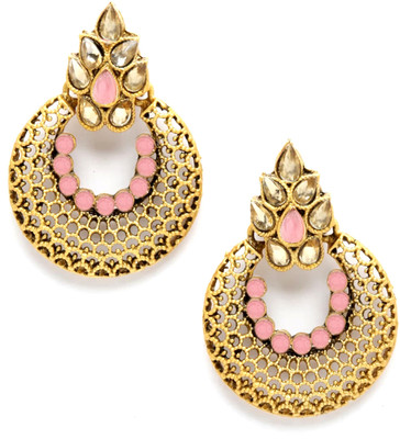 Dreamish Imitation Gold Plated Kundan Studded Meenakari Touch Beads Drop Chandbali Earrings Cubic Zirconia Brass Chandbali Earring