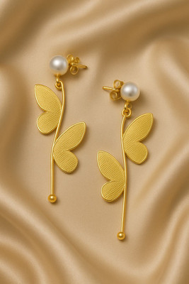 vien Elegant Gold-Plated Butterfly Pearl Drop Earrings for Women & Girls Stainless Steel Stud Earring