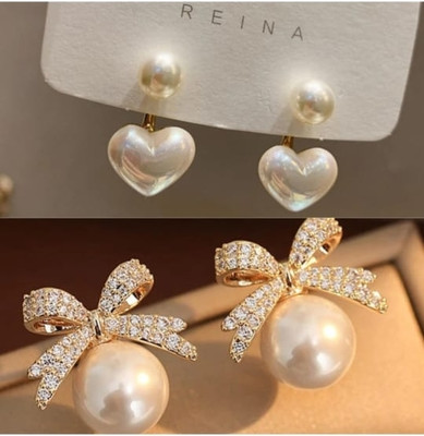 RISHASTYLE Gold plated with AD stone and pearl earrings combo of Two Zircon Alloy Stud Earring